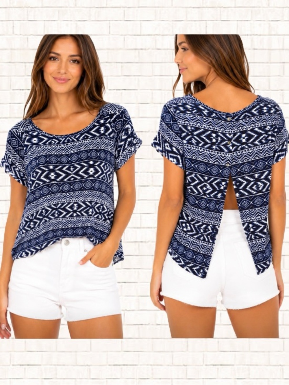Split Back Tee • Charlotte Russe knit blue white tribal print Small EUC OBO